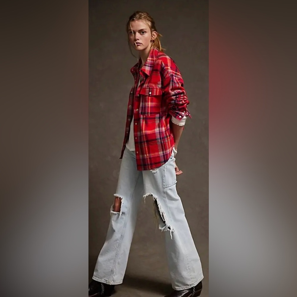 NWT Free People XS We the Free Hideaway Plaid Shirt in Red Berry Combo New $128 - Picture 3 of 6